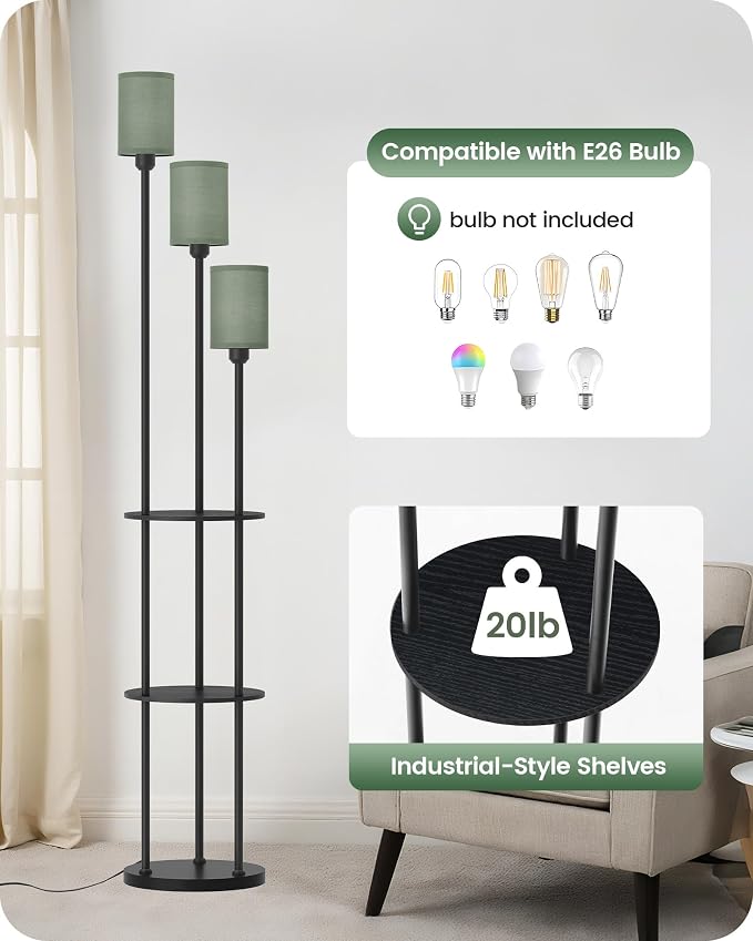 Floor Lamp with Shelves, Modern Floor Lamp with 3 Linen Shades and Foot Switch, 3-Light Standing Lamp, for Living Room, Bedroom, Study, Office, Black and Green J53LD05