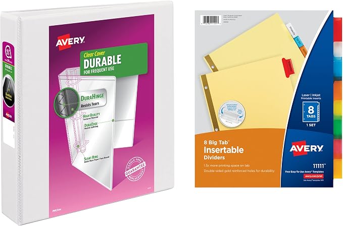 Avery Durable View 3 Ring Binder with 1.5 Inch Rings, 8 Tab Insertable Binder Dividers, Office Supplies Set (01683)