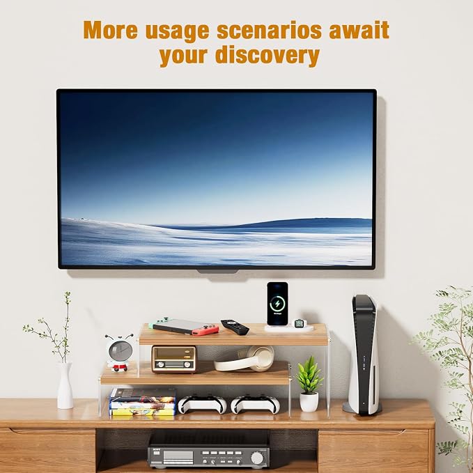 YGYQZ Adjustable Monitor Stand Riser, 7.67"×15.74" Dual Monitor Desk Stand | Adjustable Monitor Riser, Expandable Desk Organizer, 2-Tier Storage, Acrylic Legs, Ergonomic Workspace, Wood Wavy