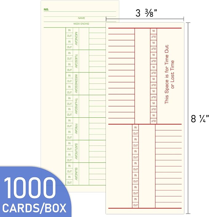 Weekly Time Cards 2-Sided, Named Days, 3-3/8" x 8-1/4", 1000-Count, Time Cards for Employees, Green/Red Print, Timecards for Time Clocks