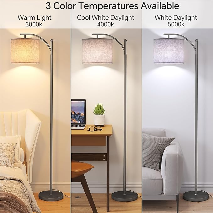 SUNMORY Arc Floor Lamp, Modern Floor Lamp with 9W 3 Color Temperatures Bulb | Metal Standing Lamps with Adjustable Hanging Lampshade, Tall Floor Lamps for Living Room, Bedroom, Office, Gray