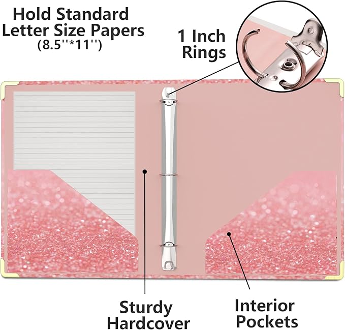 3 Ring Binder 1 Inch, Cute Pink Decorative Hardcover Low Profile Clipboard with Storage, 1'' Round Ring Binders for Letter Size Paper, Binder Organizer for School Office Supplies(Stay Positive)