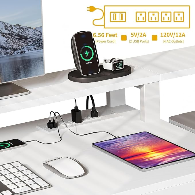 DWVO L Shaped Desk with Drawers | 65" Computer Desk with Power Outlets & LED Lights, Corner Home Office Desk with Storage Shelves & Printer Stand, White
