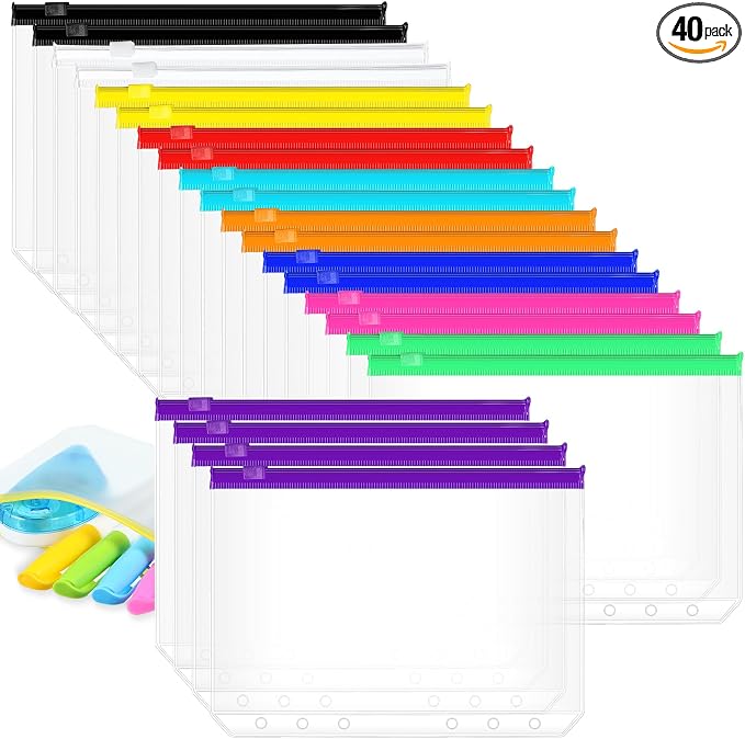 40 Pieces Binder Pockets 6 Hole Zipper Pouch 6 Ring B6 Pockets with Zipper Binder Folders Plastic Pouches Loose Leaf Bags Waterproof PVC Document Filing Bag