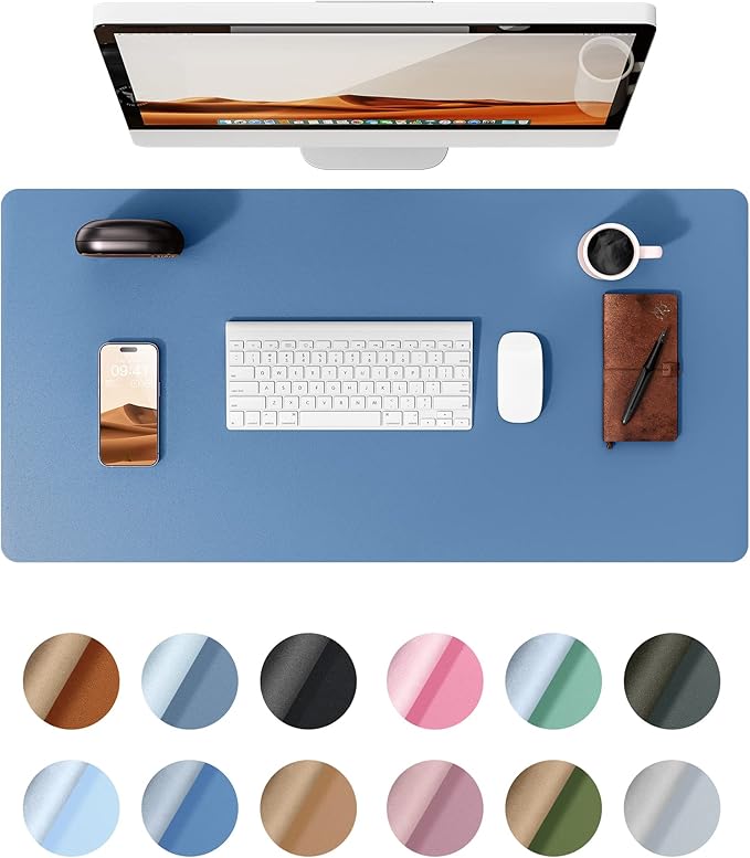YSAGi Leather Desk Protector, Office Mat, Large Mouse Mat, Non-Slip PU Leather Blotter, Laptop Desk Pad, Waterproof Writing Pad for Office and Home (Sea Blue, 23.6" x 13.8")