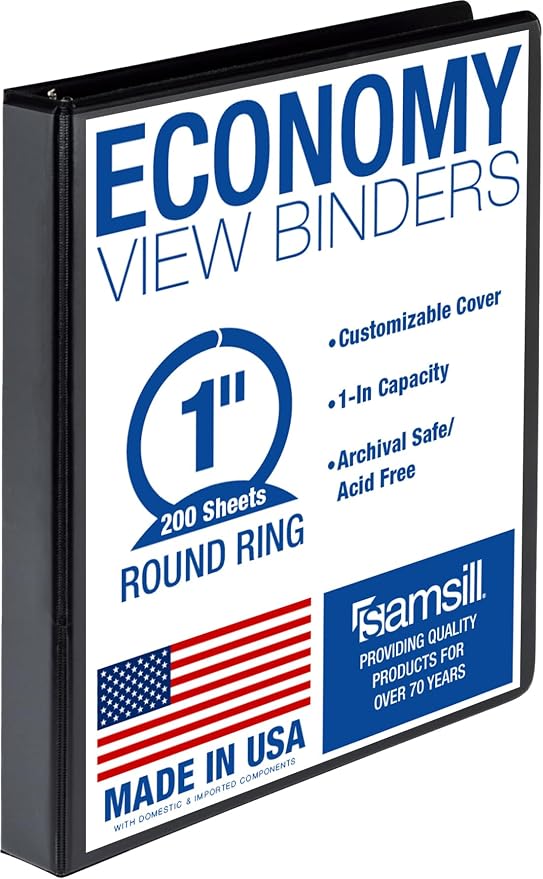 Samsill 1 Inch 3 Ring Binder, Economy Round Ring, Clear View Cover, 200 Sheet Capacity - for School, Home, Office - Charcoal Black
