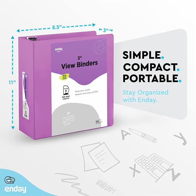 Enday 3 inch Binder (12 Pack - Purple) 3 Ring Binder 3 inch with Clear View Cover and 2 Inside Pocket - for Letter Size 8.5 x 11'' Paper, Ideal for School Supplies, Office, and Home