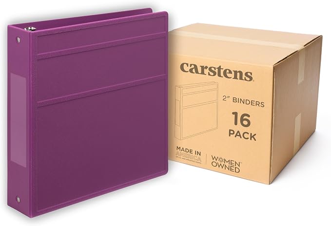 Carstens 2-Inch Heavy Duty 3-Ring Binder - Side Opening, Dewberry Purple, Durable Plastic, No-Gap Rings, Waterproof Cover No Pockets, Holds 300 Letter Sheets, BPA-Free Made in USA (2841-3R) Case of 16