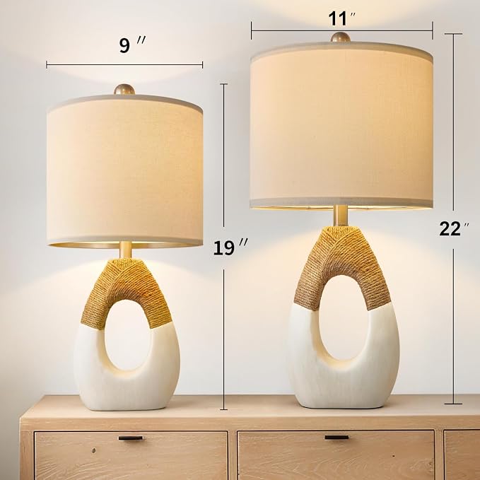 22” Boho Table Lamps for Bedroom Living Room Upgraded Set of 2 Medium Farmhouse Rattan Table Lamps, Rustic Home Decoration Nightstand Bedside Lamp for Office (Not Include Bulbs)