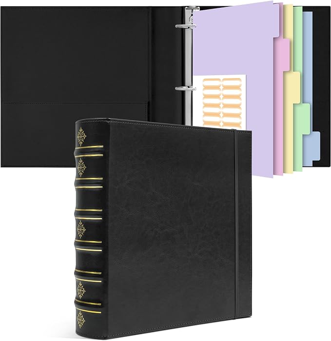 Ospelelf Vintage Leather 3 Ring Binder 2 Inch, D Ring Binder with Pockets and 5 Tab Dividers, Hardback Book Style Document Organizer Fits Letter Size for Home and Office Black