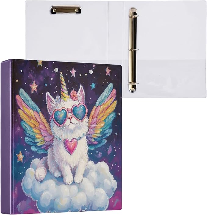 Unicorn Cat with Wings Round Ring Binders 1.5 Inch Galaxy Space Stars 3 Ring Clipboard Binder for Office School Work Supplies File Folder Document 200 Sheet Capacity Easy Open