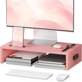 BONTEC Monitor Stand Riser with Cellphone Holder & Cable Management | 16.7 Inch Wood Monitor Riser Stand, Desktop Stand for PC/TV/Laptop/Printer, Pink