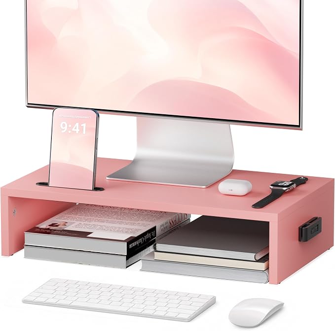 BONTEC Monitor Stand Riser with Cellphone Holder & Cable Management | 16.7 Inch Wood Monitor Riser Stand, Desktop Stand for PC/TV/Laptop/Printer, Pink