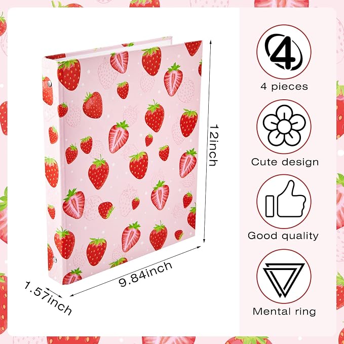 Fainne 4 Pcs Fruit 3 Ring Binder Cute Binder Lemons Strawberry Watermelon Orange Decorative Round Ring with Interior Pockets for School Office A4 Paper, 9.84 x 1.57 x 12 Inch