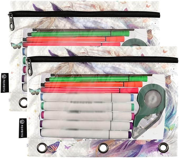 Custom White Horse Butterflies Pencil Pouch for 3 Ring Binder, 2 Pack Personalized Name Waterproof Pencil Bags Clear Window Pencil Case School Office Supplies