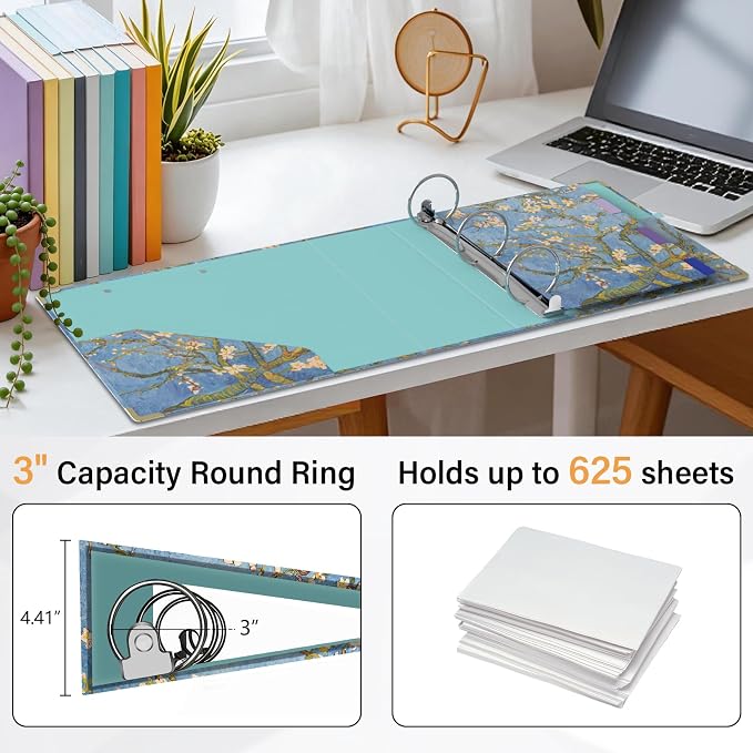 3 Ring Binder 3 Inch Round Ring Binder with 6 Tab Dividers，2 Interior Pockets，Cute Binder Clipboard with Storage, for School Office, Portfolio Organizer with Labels(Almond Tree)
