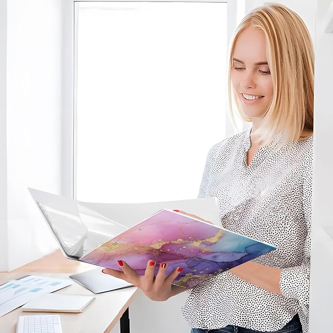 Purple Pink Blue and Gold Marble Binder 3 Ring 1.5 Inch Binder with Clipboard&Pockets, Hardcover Binders Heavy Duty Large File Folder for Office School Supplies - Holds 200 Sheets, 2 PC
