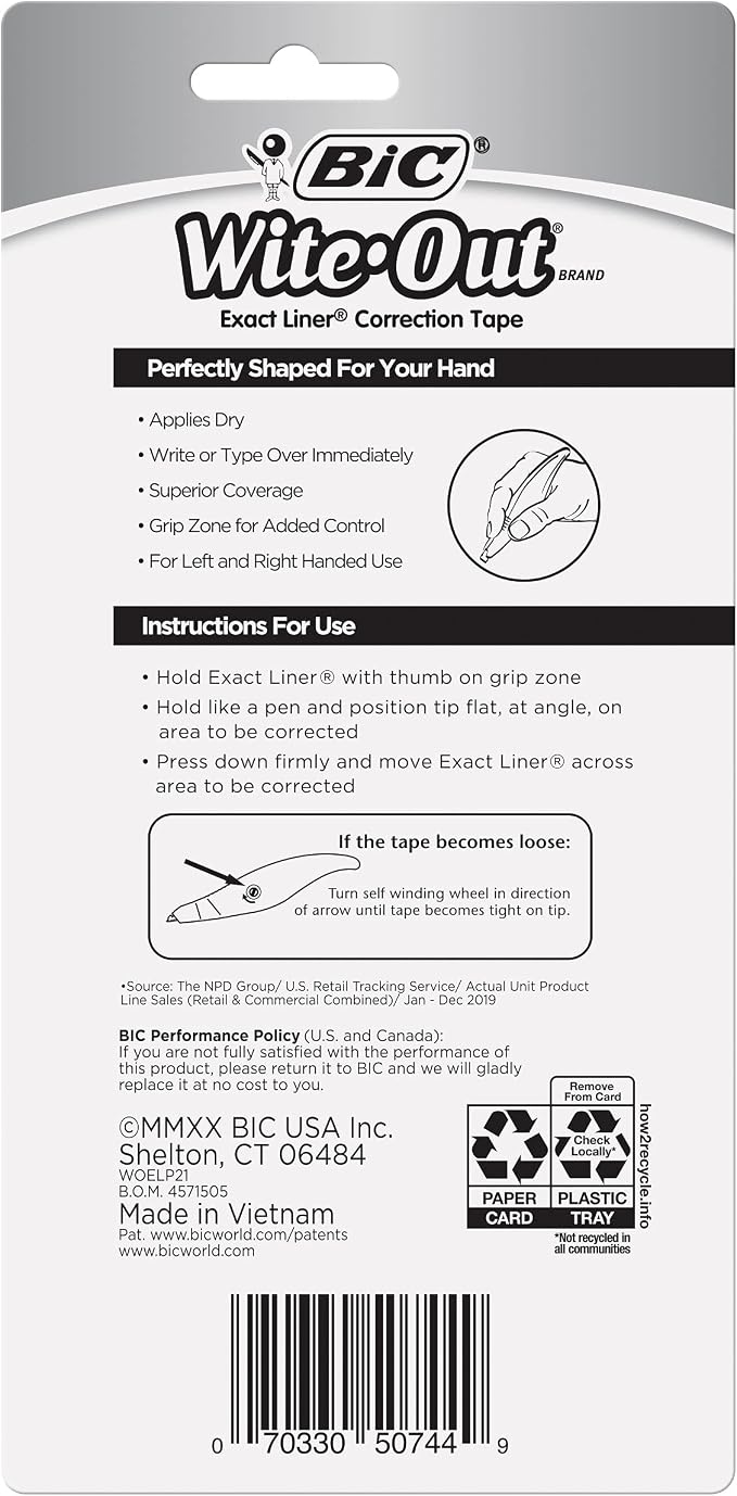 BIC Wite-Out Brand Exact Liner Correction Tape, 19.6 Feet, White, 2-Count
