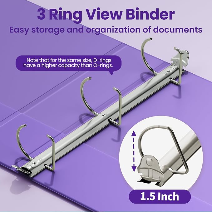 SUNEE 3 Ring Binder 1.5 Inch D Ring, Clear View Binder Three Ring PVC-Free (Fit 8.5x11 Inches) for School or Office Supplies, Dark Purple, 1 Pack