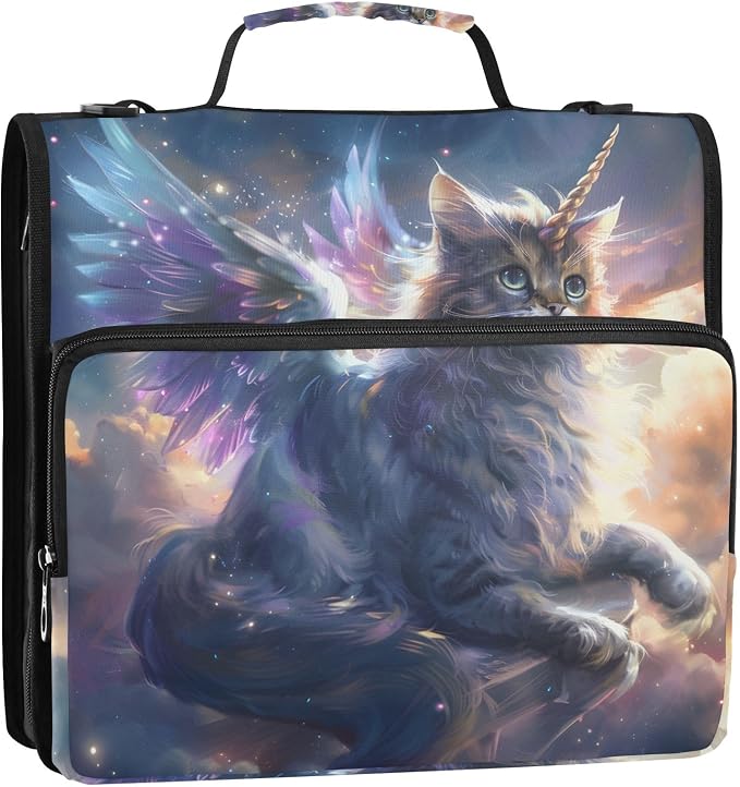 Unicorn Cat with Wings 3 Ring Binder Bag 1.5 inch Binder Organizer with Zipper Shoulder Strap 500 Sheet Documents Storage for School Office