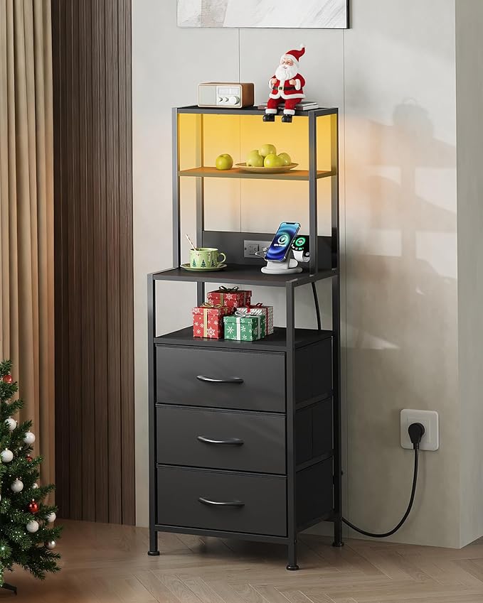 WLIVE Tall Nightstand with Charging Station, LED Night Stand with 3 Fabric Drawers and Storage Open Shelves, Bedroom Nightstand Table, Bed Side Table for Living Room, Black
