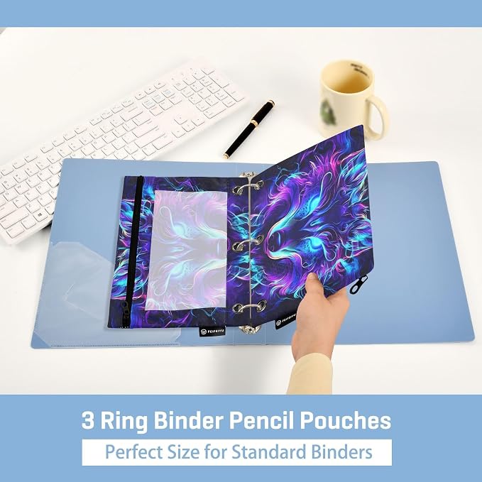 Mystical Wolf Face Pencil Pouch for 3 Ring Binder, 2 Pack Waterproof Pencil Bags Clear Window Pencil Case Zipper School Office Supplies