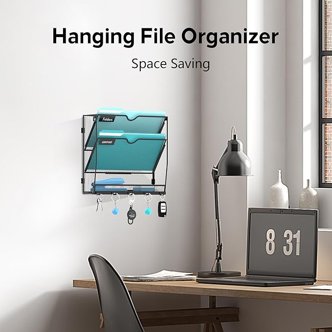 3-Tier Wall File Organizer and Mail Organizer with 5 Hooks, Black | Label slots, curved openings, 5 key hooks, and a bottom tray support organized mail, file, and everyday item storage.