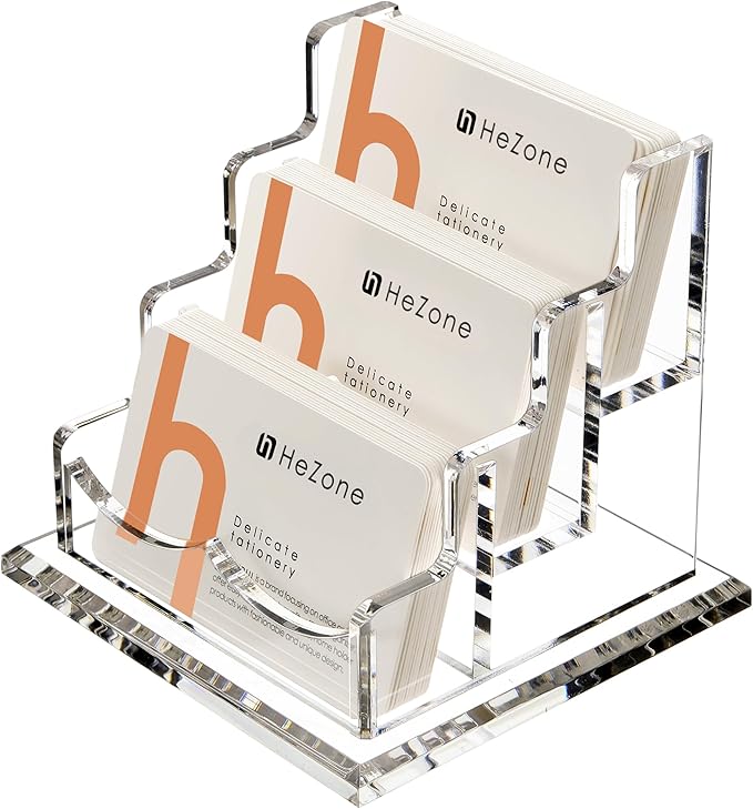HeZone Business Card Holder for Desk 3 Slots 3 Tier, Clear Acrylic Cards Display Stand, Cards Organizer for Women and Men, Hold 150 Cards-Horizontal 3 Slots