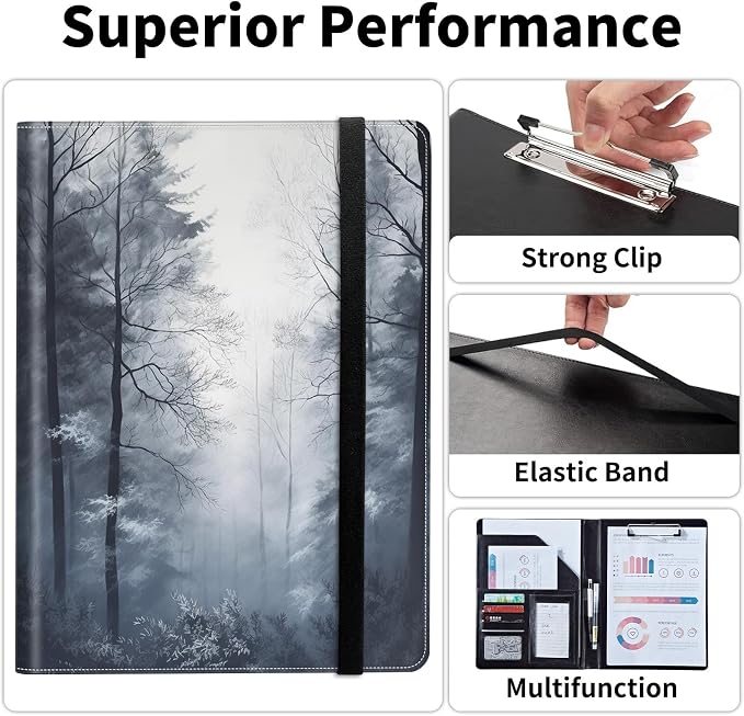 Padfolio/Portfolio Folder Clipboard,Padfolio Clipboard,Writing Portfolio Leather with Cover for Card Holder Slot Letter Size A4 for Office Conference Notepad Clip Boards,Fog Forest