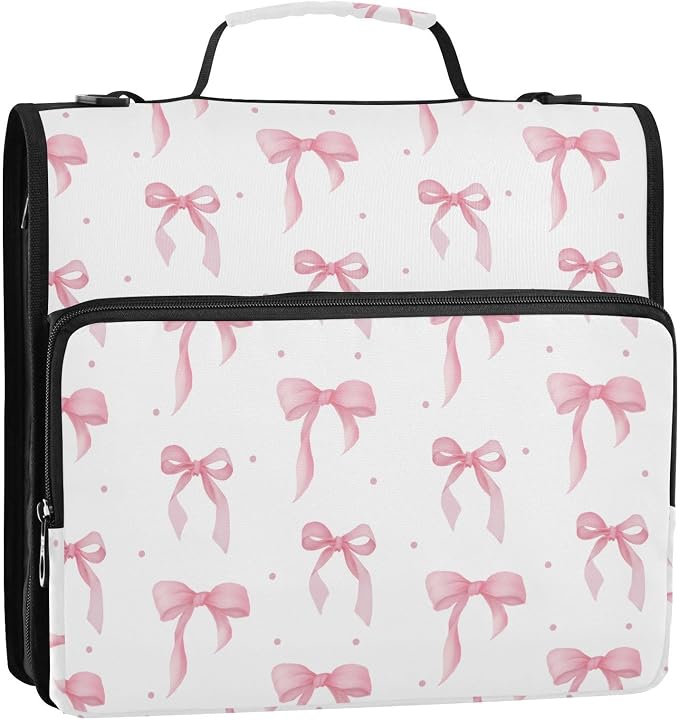 ALAZA Zipper Binder 3 Ring Cute Bow Pink Binder Organizer with Zipper and Shoulder Strap Large Capacity Multi-Pocket Trapper Keeper File Folder for Office Supplies