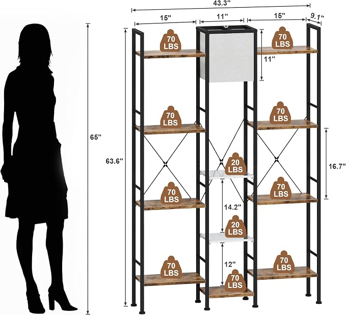 AFLUI Triple 4 Tier Industrial Bookshelf with Light, 11 Shelves | 2 Acrylic and Light for Better Display, Wide 3 Column Open Storage Fits Book or Decor, Industrial Metal Frame for Living Room