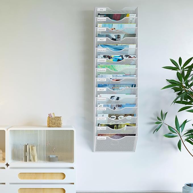 14 Pockets Hanging Wall File Organizer, Office Organization Wall Mount Mail Sorter Paper Holder Bill Organizer for Home, White