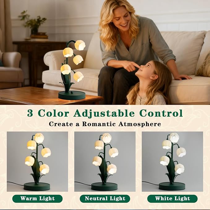 WERFOP Vintage Lily of the Valley Flower Table Lamp | 3 Color Adjustable LED Bedside Lamp, Cute Night Light for Bedroom, Living Room, Dorm Room, Office & Home Decor (Dark Green)