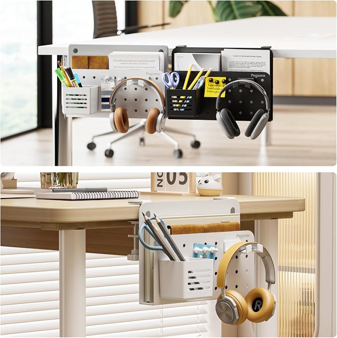 Desk Side Storage Organizer, Fits Flat Edge 0.4" to 2.2", White | No Drill Under Desk Laptop Holder, Clamp on Desks Shelf with Pegboard Accessories, Hanging Laptop Mount