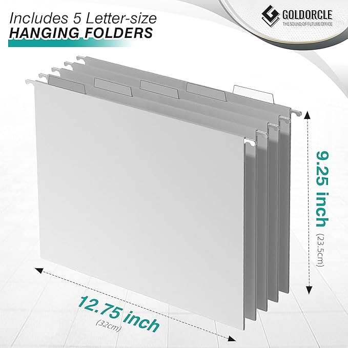 Letter-Size Hanging File Organizer (Silver, with 5 Grey Folders) | File Holder Filing Box for Desk, Metal Mesh Desk File Folder Storage for Office(No Assembly Required)
