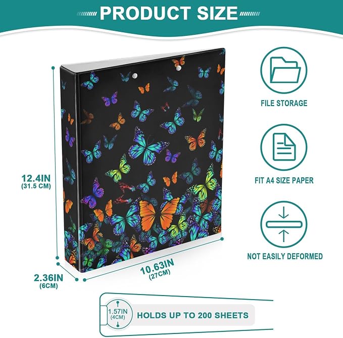 Butterfly Black Round Ring Binders 1.5 Inch Orange Purple Turquoise 3 Ring Clipboard Binder for Office School Work Supplies File Folder Document 200 Sheet Capacity Easy Open 2 Pieces