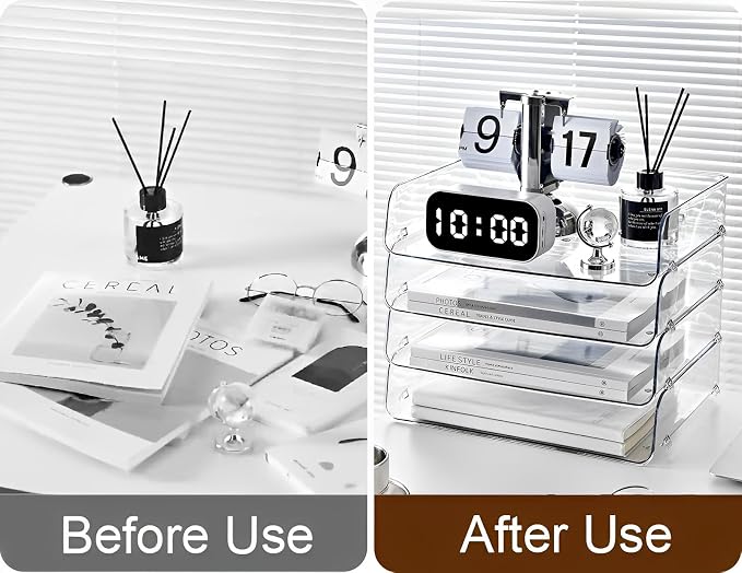 Gagee 4 Pack Paper Organizer for Desk,Stackable Paper Tray Book Holder for Classroom,Office and More,Letter Tray Desk Organizer,Clear
