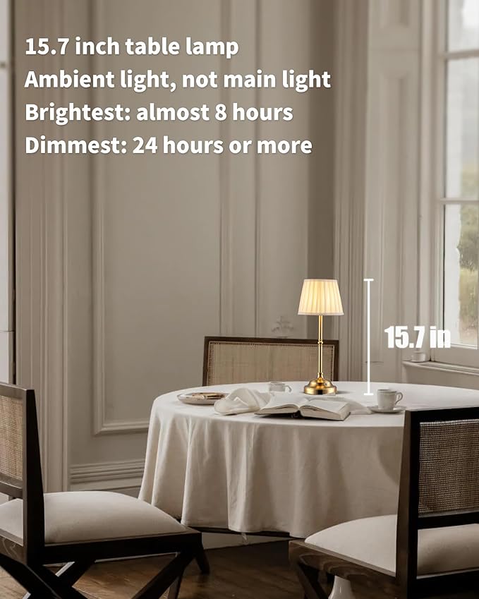 KDG Gold Cordless LED Table Lamps Set of 2, Beige Fabric Shade Desk Lamps | Portable 4000mAh Rechargeable Battery Powered, Dimmable Lighting for Dining Room, Bedroom, Bedside, Night Light, Balcony