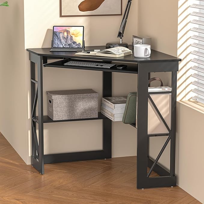 VECELO Corner Desk Computer Desk Writing Table with Smooth Keyboard Tray & Storage Shelves,Compact Home Office Triangle Table,Black