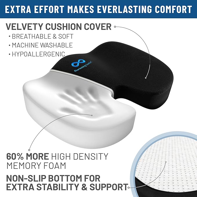 Everlasting Comfort Doctor Recommended Memory Foam Seat Cushion for Office Chairs & Car - Ergonomic Office Desk Accessories - Cushions for Tailbone Pain Relief, Sciatica (Black, X-Large)