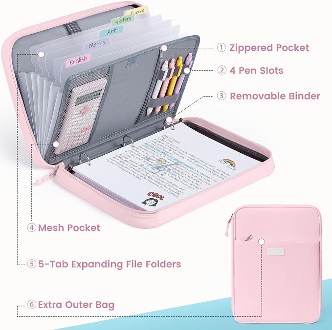 Sooez Zipper Binder Bag, 1 Inch Binders 3 Ring O-Ring, 5-Tab Divider Folder | Expanding File Folder, 500-Sheet Capacity Three Ring Binder, Cute Organizer Storage Student School Classroom Supplies, Blue