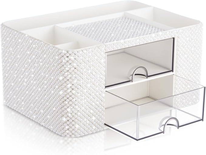 MotiMind White Bling Desk Organizer with 2 Drawer, Sparkly Makeup Organizer for Vanity, Girly Desk Accessories, Rhinestone Pen Holder, Elevate Your Workspace with White Serenity (Pearl)