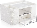 MotiMind White Bling Desk Organizer with 2 Drawer, Sparkly Makeup Organizer for Vanity, Girly Desk Accessories, Rhinestone Pen Holder, Elevate Your Workspace with White Serenity (Pearl)