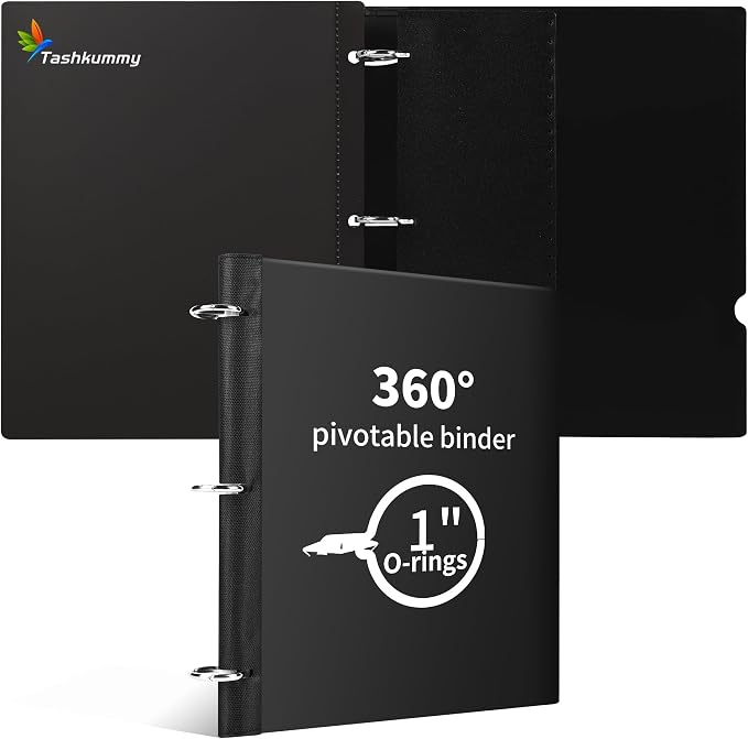 360 Degree Pivotable Binder, Upgraded 3 Ring Binder 1 inch, Flexible Binders 3 Ring, Foldable Three Ring Binders- Black