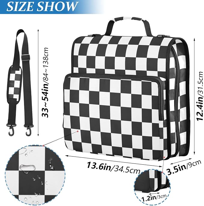 Fisyme Black and White Checkerboard Plaid Zipper Binder 3 Ring with Zipper and Shoulder Strap Large Capacity Multi-Pocket Binder Organizer