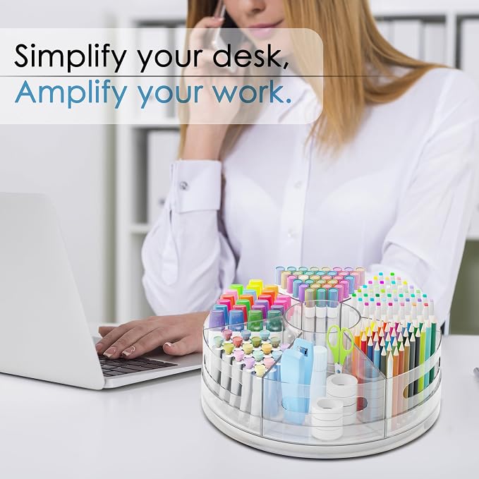 CraftGenes 2 Packs Pen Organizer for Desk - Acrylic Pen Holder with Hand Grips, 360° Extra Large Rotating Desk Organizer with 7 Removable Compartments for Office, Home, and Makeup Storage
