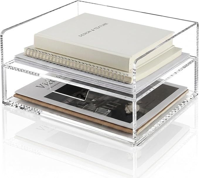 2-Tier Paper Tray Organizer with Drawer - Stackable Acrylic Desk Organizer | clear document sorter, vertical file holders, letter storage, workspace accessories, home, office, school, teachers, students