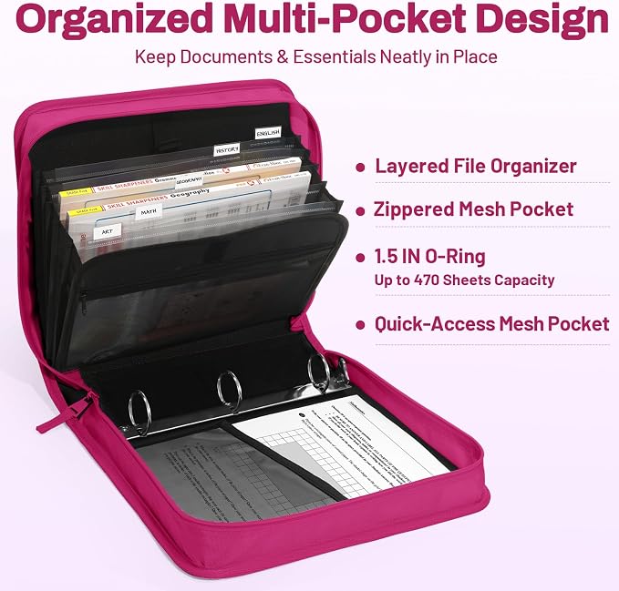 SUNEE Zipper Binder with Handle, 1.5 Inch O-Ring, 325 Pages Capacity, with 5-Tab Expanding File Folder for Classified Storage, Small Size Lightweight Zipper Bag for Middle School Students, Berry Pink