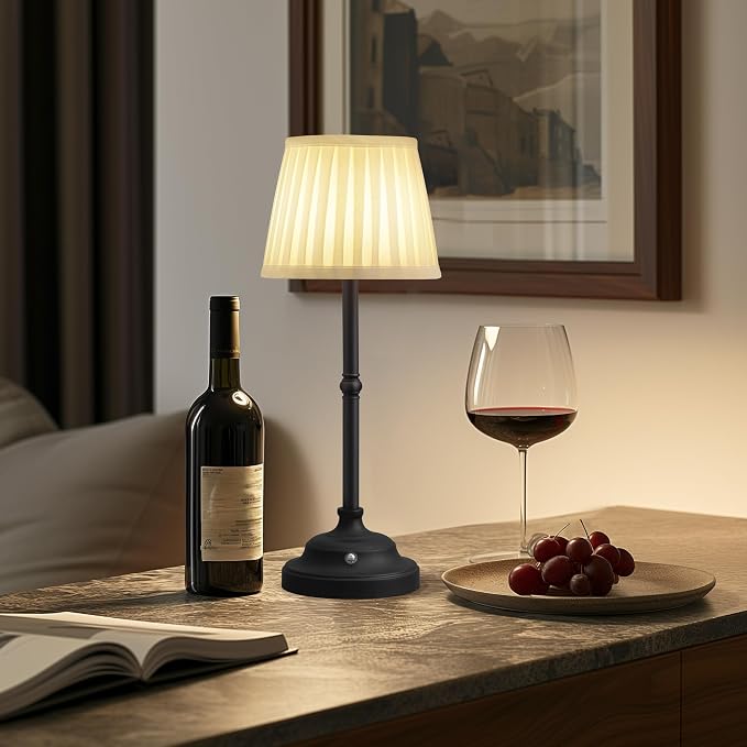 KDG Black Cordless Portable LED Table Lamp, White Fabric Shade Desk Lamp | 4000mAh Rechargeable Battery Powered Lighting, Dimmable Light for Dining Room, Bedroom, Bedside, Night Light, Balcony