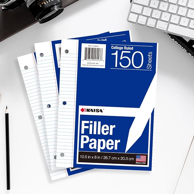 Kaisa Notebook Paper Bulk Wholesale Available 3 Pack Notebook Paper College Ruled 3-Hole Punched Loose Leaf Paper 8x10.5 Filler Paper for 3-Ring Binder, 150 Sheets/Pack (3 Pack-college)